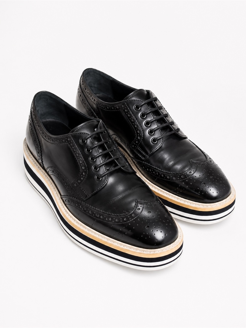 Prada Spazzolato Leather Platform Brogues 36 Black Wingtip Derby Elevated Sole - Picture 5 of 10